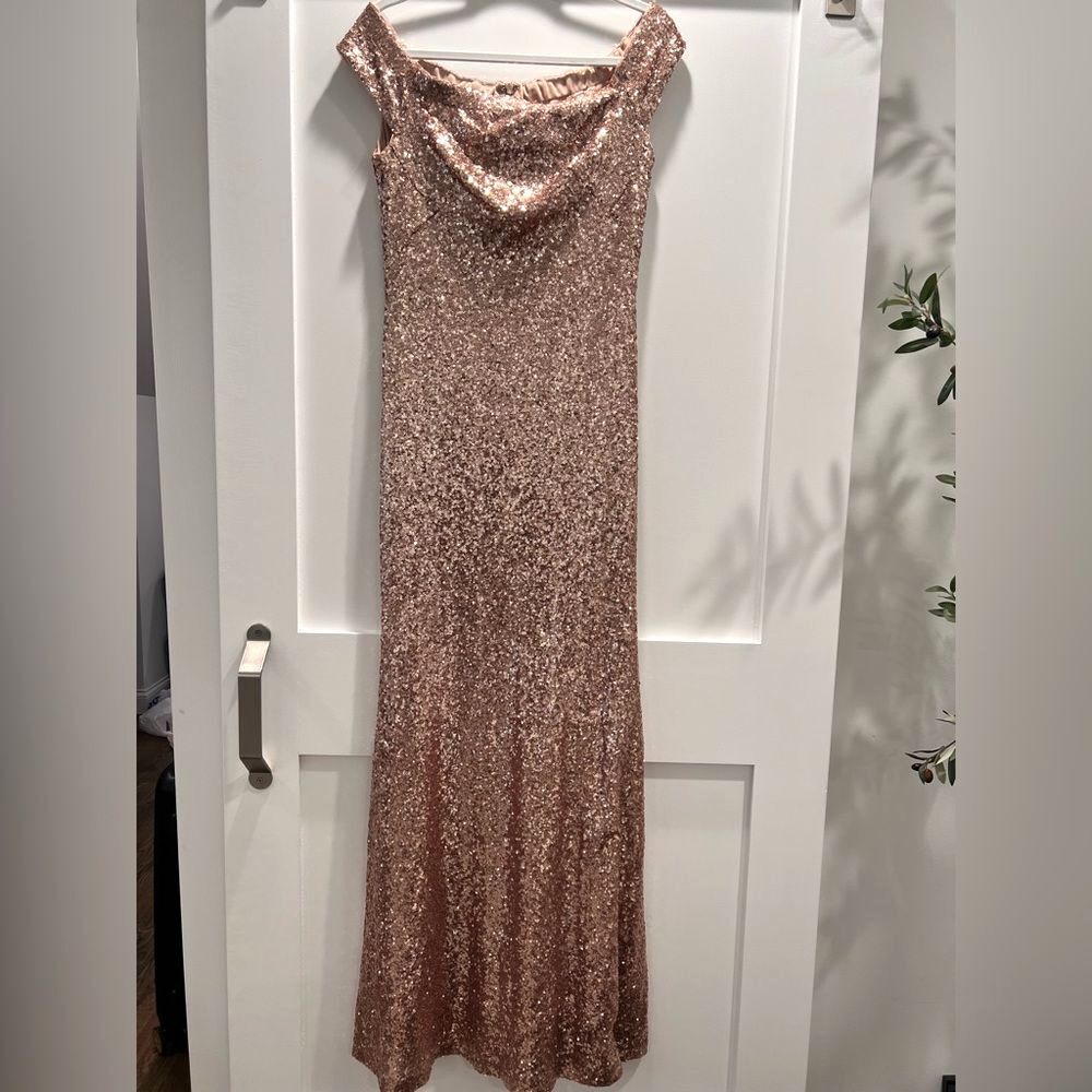 Theia Maternity Rose Gold Sequin Off the Shoulder Gown